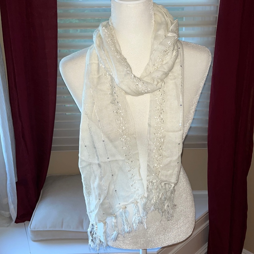 Ivory scarf with silver sequins and tassels Dressy 70” long by 16” wide
